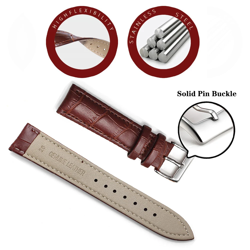 Classic Genuine Leather Watch Band with Soft Cowhide Strap and Adjustable Sizing Plus Tool