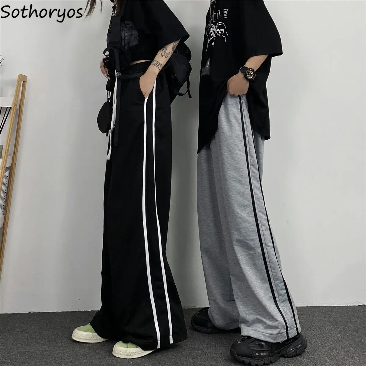 

Sporty Pants Women Side Striped Baggy Casual Schoolgirls Wide Leg Trousers All-match College High Waist Korean Fashion Street