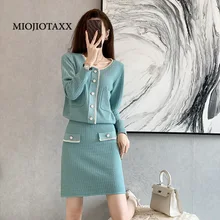 

MIOJIOTAXX 2022 New Spring Chinese Style Embroidered Flares Solid Blue Sweater A-line Skirt Knitted Two Piece Suit