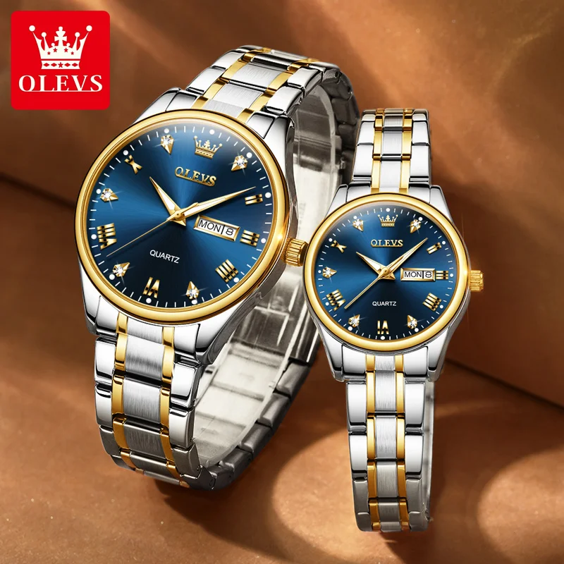 OLEVS Couple Watch for Women Men Quartz Watch Double Calendar Clock Waterproof Ladies Wrist Watches for Lover's Gift His or Hers