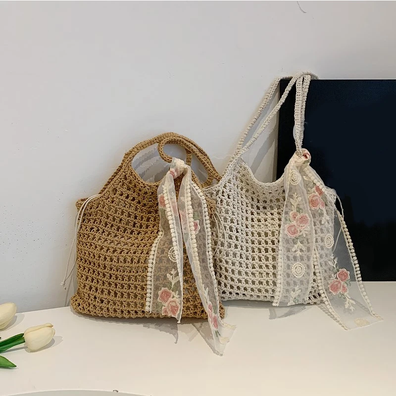 Latest Summer Beach Woven Lace Bow Tote Bag For Women 2-IN-1 Hollow-out Lightweight Large Capacity Shopper Shoulder Bag Female