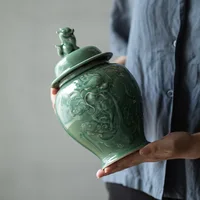 Celadon Tea Caddy Sealed General Jar Dragon Relief Porcelain Ginger Jar Storage Tank Storage Home Decoration Vintage Bottle 1