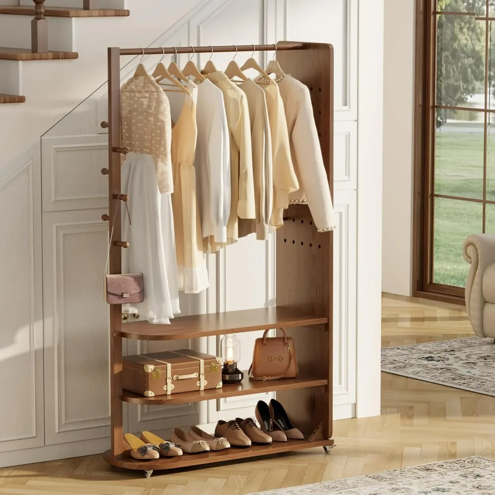 Solid Wood 70 x 40 Full Length Standing Mirror with Brake Wheels for Clothes Rack