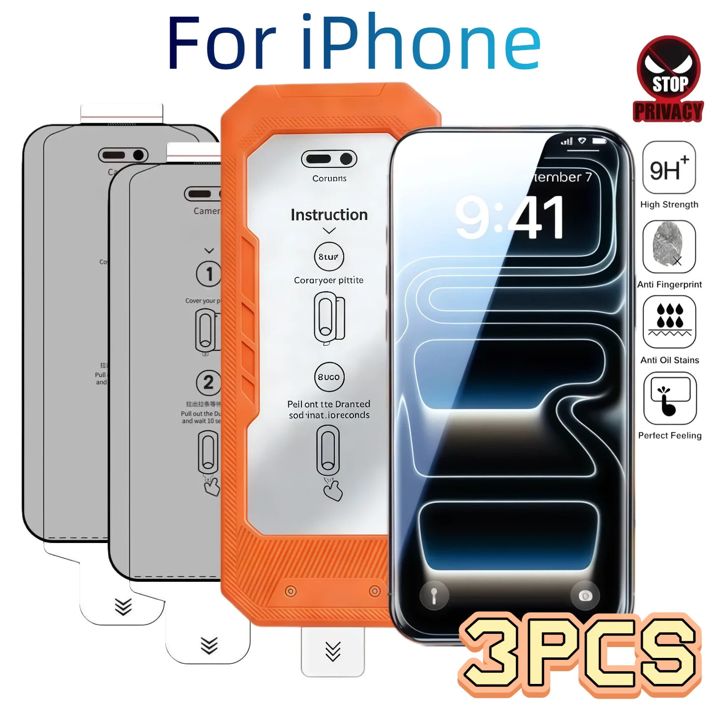 3Pcs 9H Tempered Glass Privacy Screen Protector for iPhone 17e 16Pro 15ProMax 14Plus 13 12 Series - Device Privacy Protection