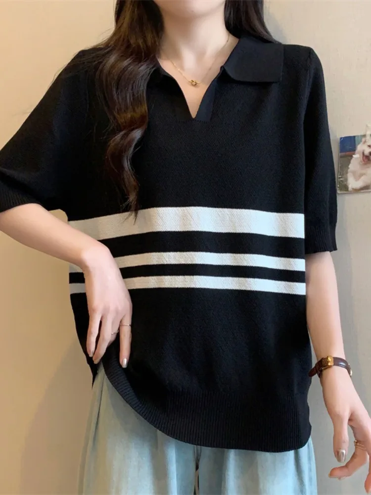 여름 여성 의류 플러스 사이즈 루즈핏 슬리밍 폴로 칼라 반팔 니트 탑 독특한 컬러 블로킹 