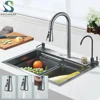 Waterfall Kitchen Sink 304 Stainless Steel Sink Large Single Basin with Chopping Board Cup Washer , Large Single Slot Sink 1