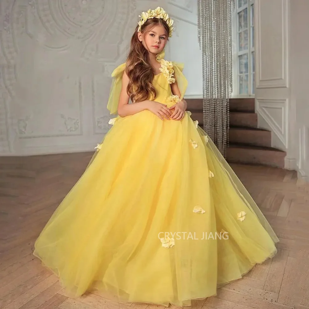 

Classy Long Yellow Tulle Flower Girl Dresses فساتين بنات Sleeveless with Appliques Ball Gown Floor Length Party Gowns