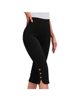 High-Waisted Elastic Seven-Foot Pants Women's Mid-Calf Trousers Base Layer Clothing with Button Detail - Image 6
