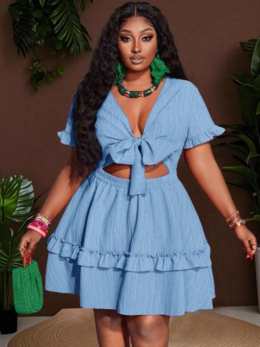 Blue Ruffle Mini Dress With Chest Tie-Up And Hollow Out Detail A-Line Summer Ca…