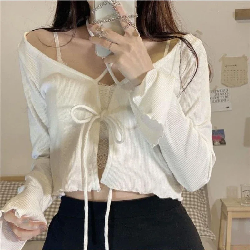 

Women Cardigans Solid Hot Slim Bandage Design Crop Tops Stylish Streetwear Teenagers All-match Sweet Lovely Knitted Basic