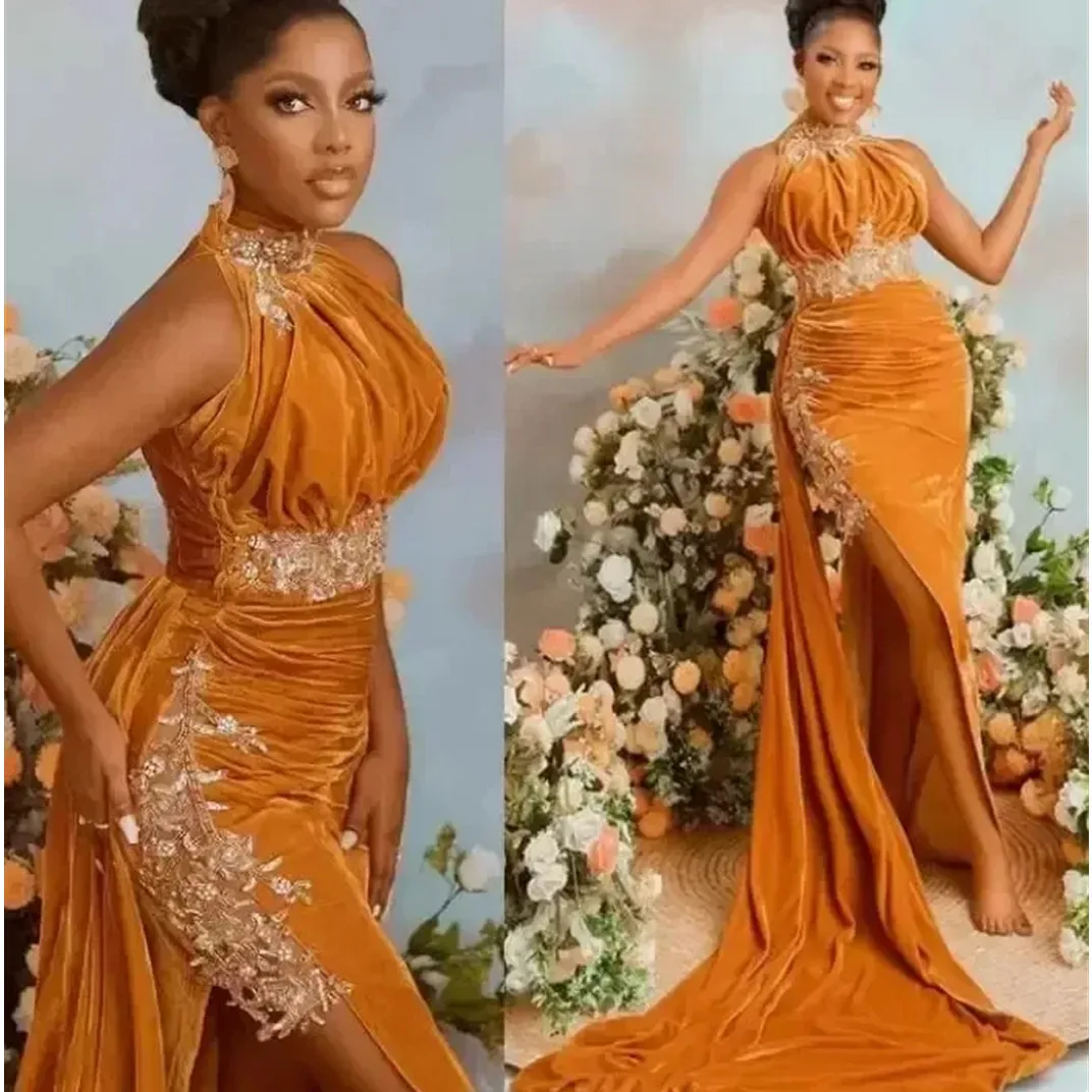 

Vintage Orange Prom Dresses Black Girls High Neck Long Sleeves African Plus Size Evening Formal Dress Court Train