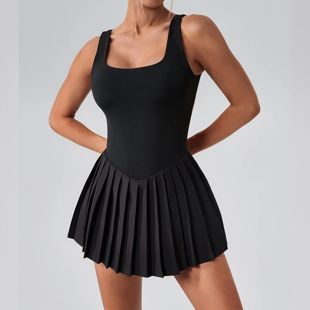 Naked Tennis Dress Hollow Out Backless Women Skirt Jumpsuit Anti Glare Fitness Sports Running Pockets Pleated Skirt Sports Dress