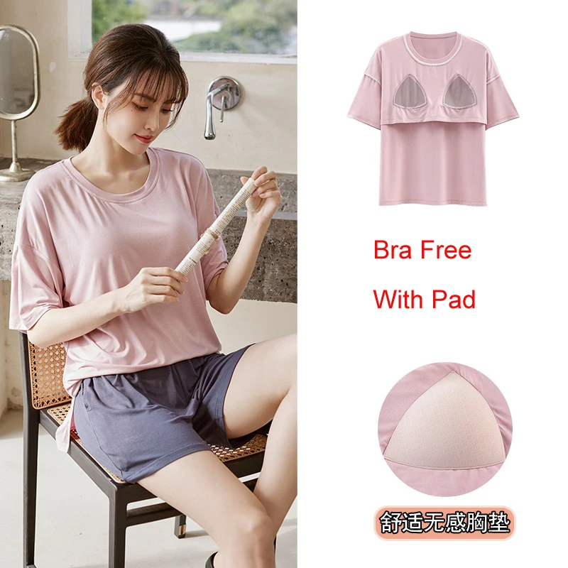 Ladies Wear Home Pajamas Set Modal Nightwear with Bra Pad Women's Pijama Korean Fashion Sleepwear with Bra Pad Loungewear