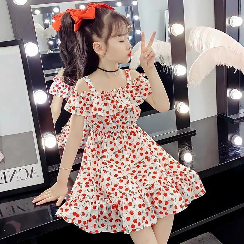 

New Girls Summer Dress Elegant Princess Party Girls Dresses for Kids Sweet Comfortable Lace Chiffon Design Dress with Straps 4y