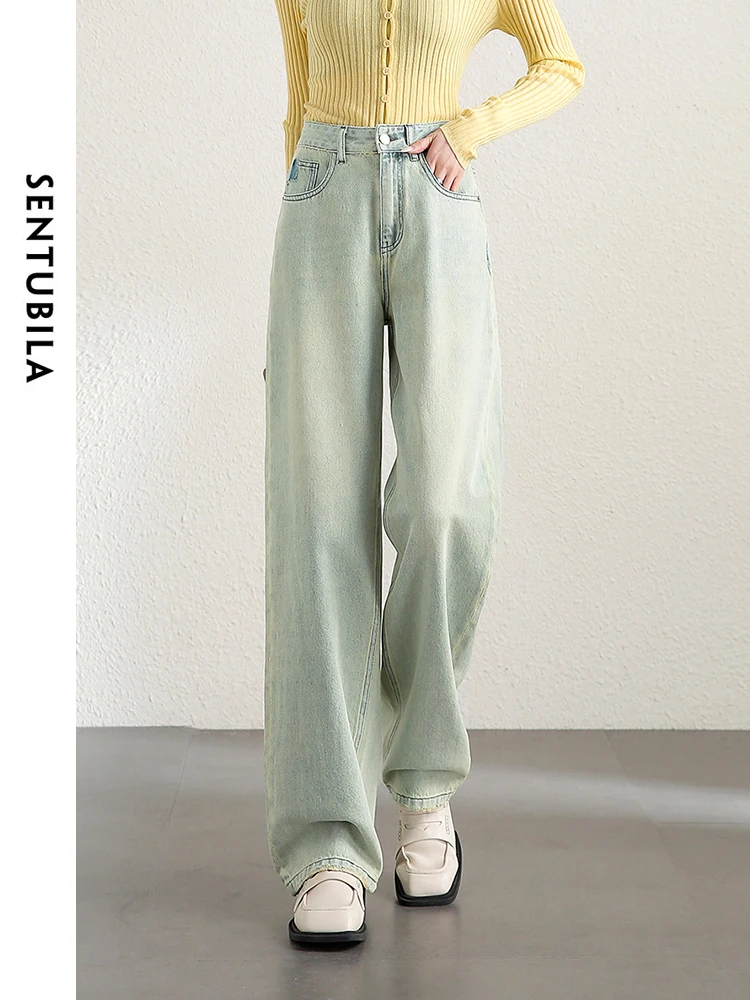 

SENTUBILA Summer Comfort Casual Loose Cotton Straight Jeans 2024 Full Length Wide Leg Denim Pant Trousers for Woman W41N53849