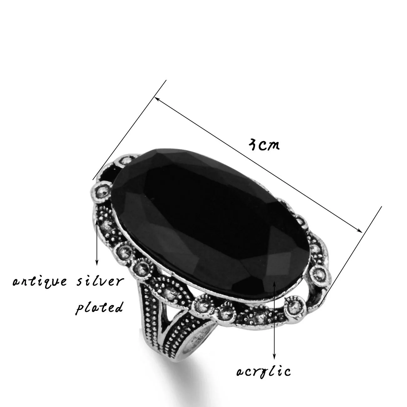 Vintage Big Black Oval Stone Finger Ring For Women Size 6 7 8 9 10 Antique Silver Color Jewelry