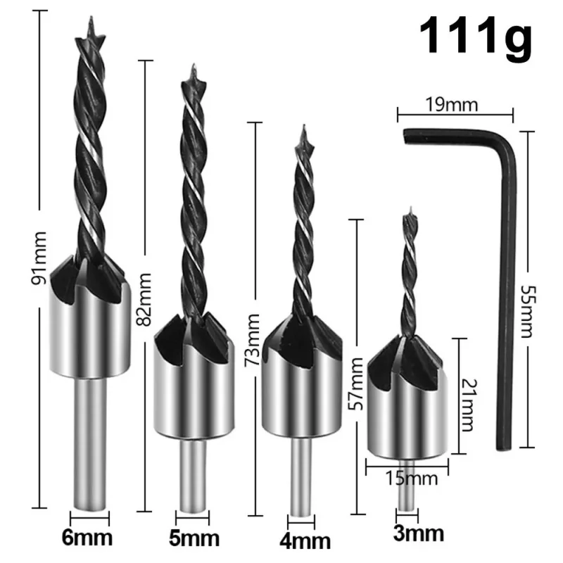 4pcs Three Pointed Woodworking Counterbore Drill Bit Set 3-6mm Reaming Drill Screw Chamfering Hole Opener