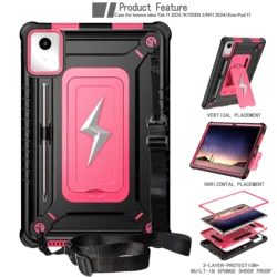 Enhanced Heavy Duty Tablet Case with Strap for M11 TB331FC TB330FU (Black RoseRed)
