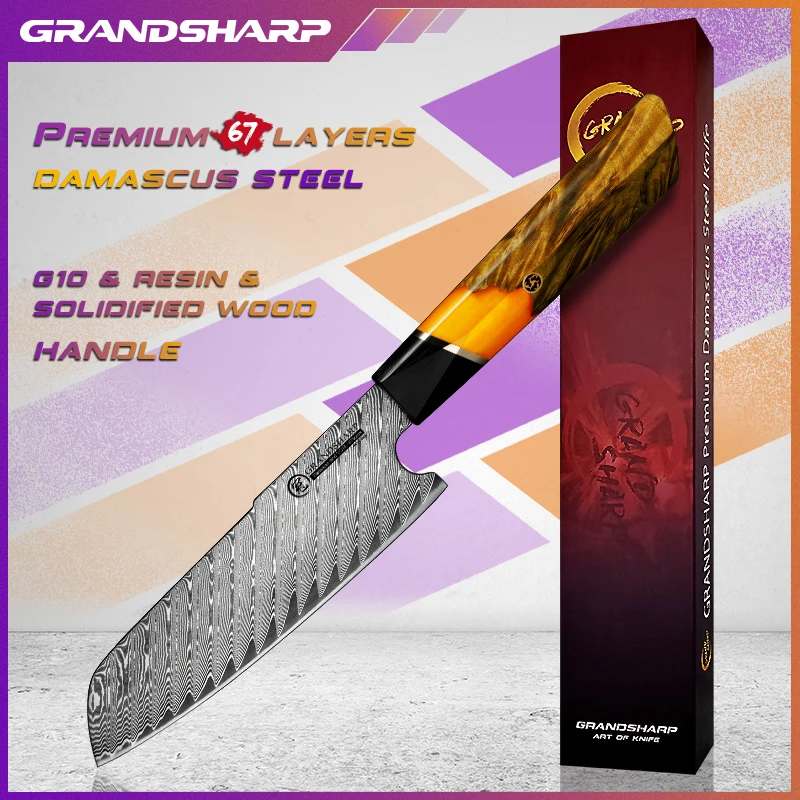 

Grandsharp AUS-10 Damascus Stainless Steel 4.9 Inch Santoku Knife Professional Japanese Kitchen Chef Knives Vegetables Chopper