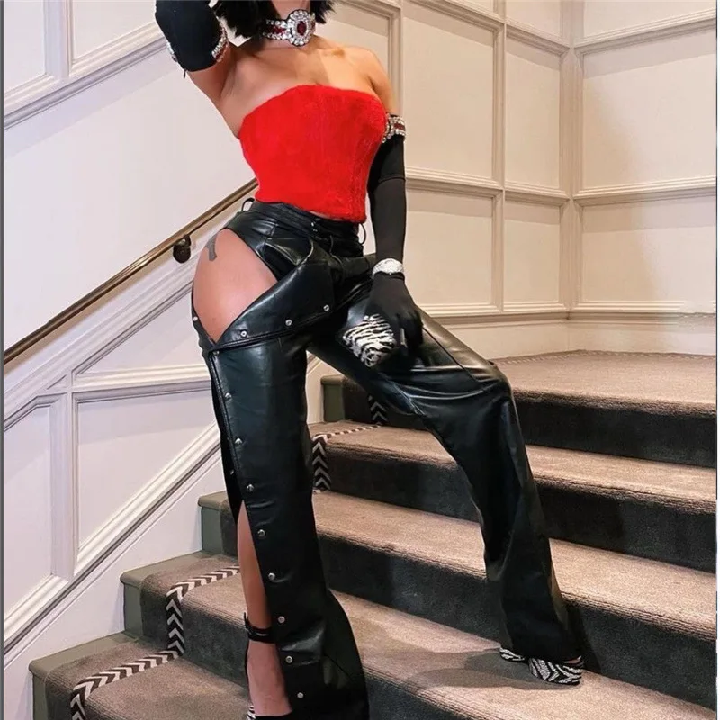 

Women's INS Network Red Casual Pants, Same Sexy, Hollow Out, Hip Lift, High Waist, Tight Button, Split, Faux Leather, New