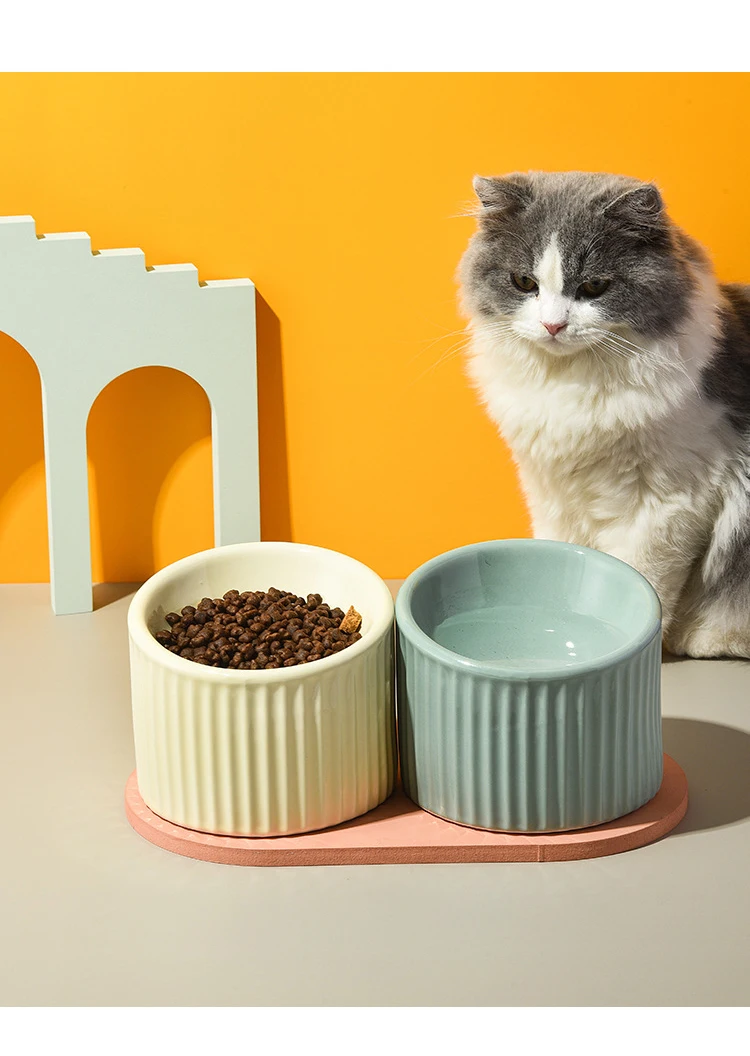 gato de cerâmica tigela de água listrado pequenos cães alimentadores de alimentos elevados pet beber comer tigelas de alimentação