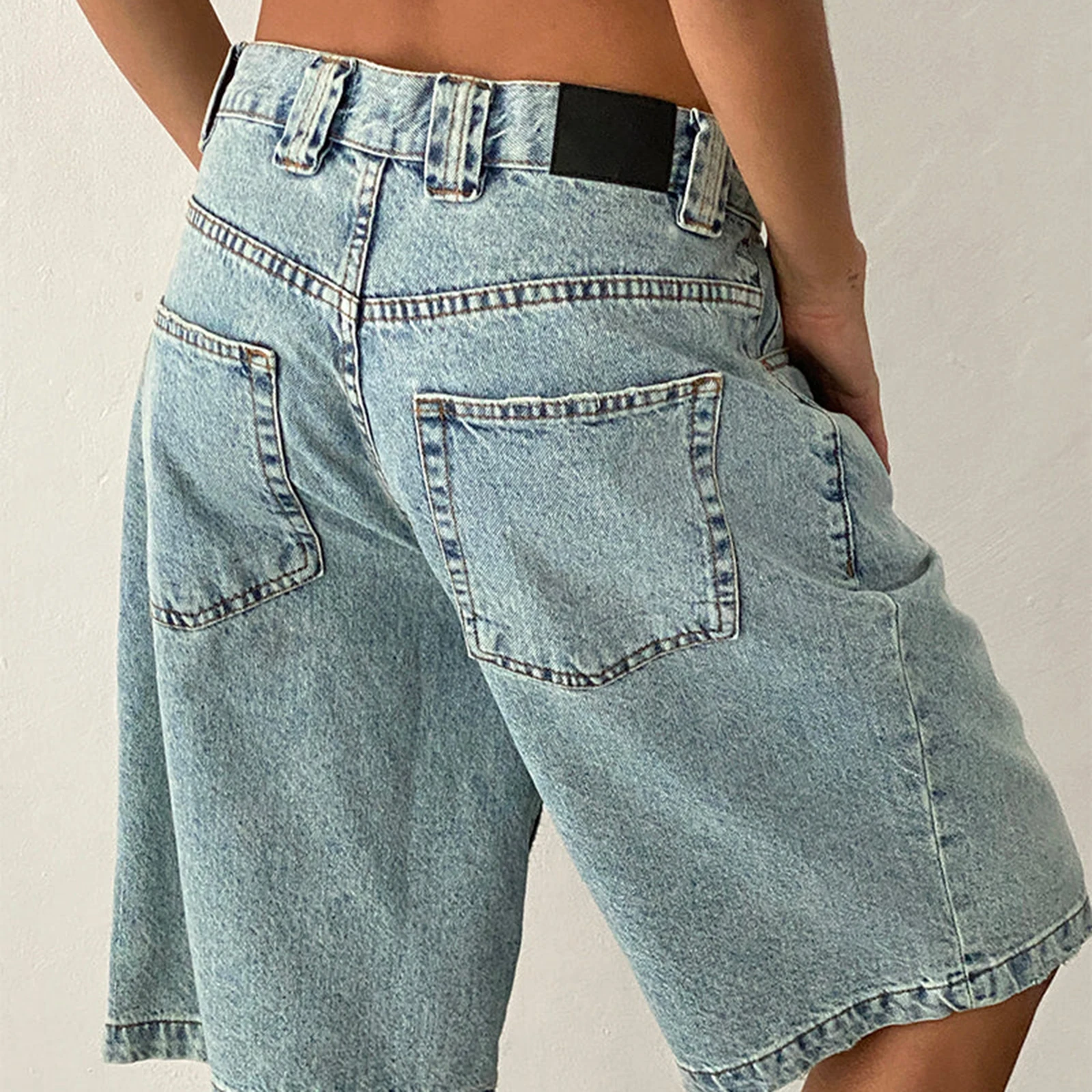 New Fashion Womens Knee Length Denim Shorts Loose Solid Color Low Rise Wide Leg Long Shorts With Pockets For Summer S-2XL