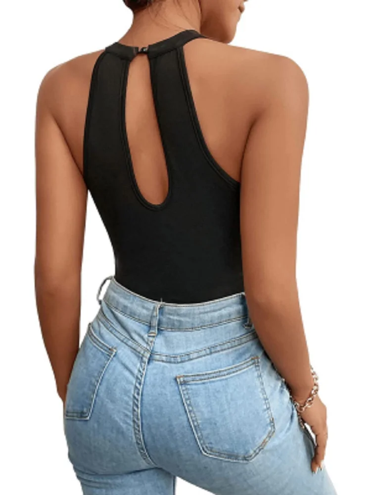 Contrast Mesh Halter Neck Bodysuit, Casual Sleeveless One Piece Bodysuit, Women's Clothing