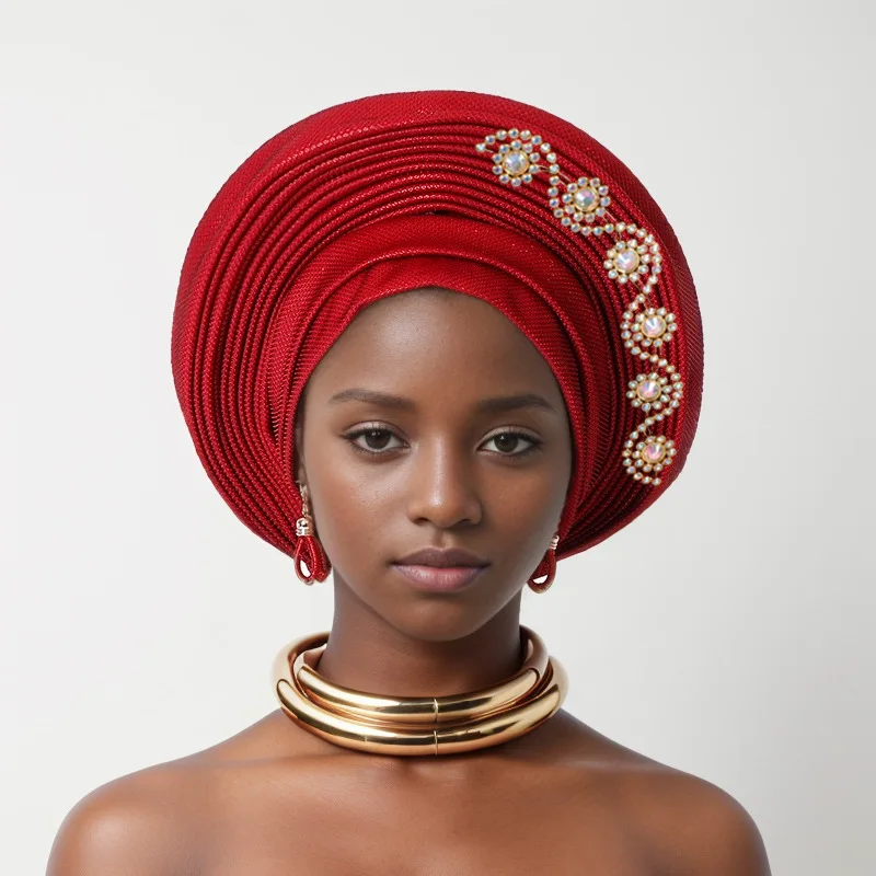 

Nigerian Wedding Geles African Headtie Auto Gele Turbans for Women Aso Oke Fabric Muslim Headwear Headpiece Female Head Wraps