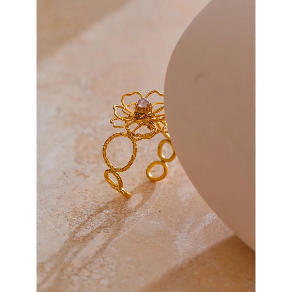 Yhpup Women Stainless Steel Hollow Flower Ring