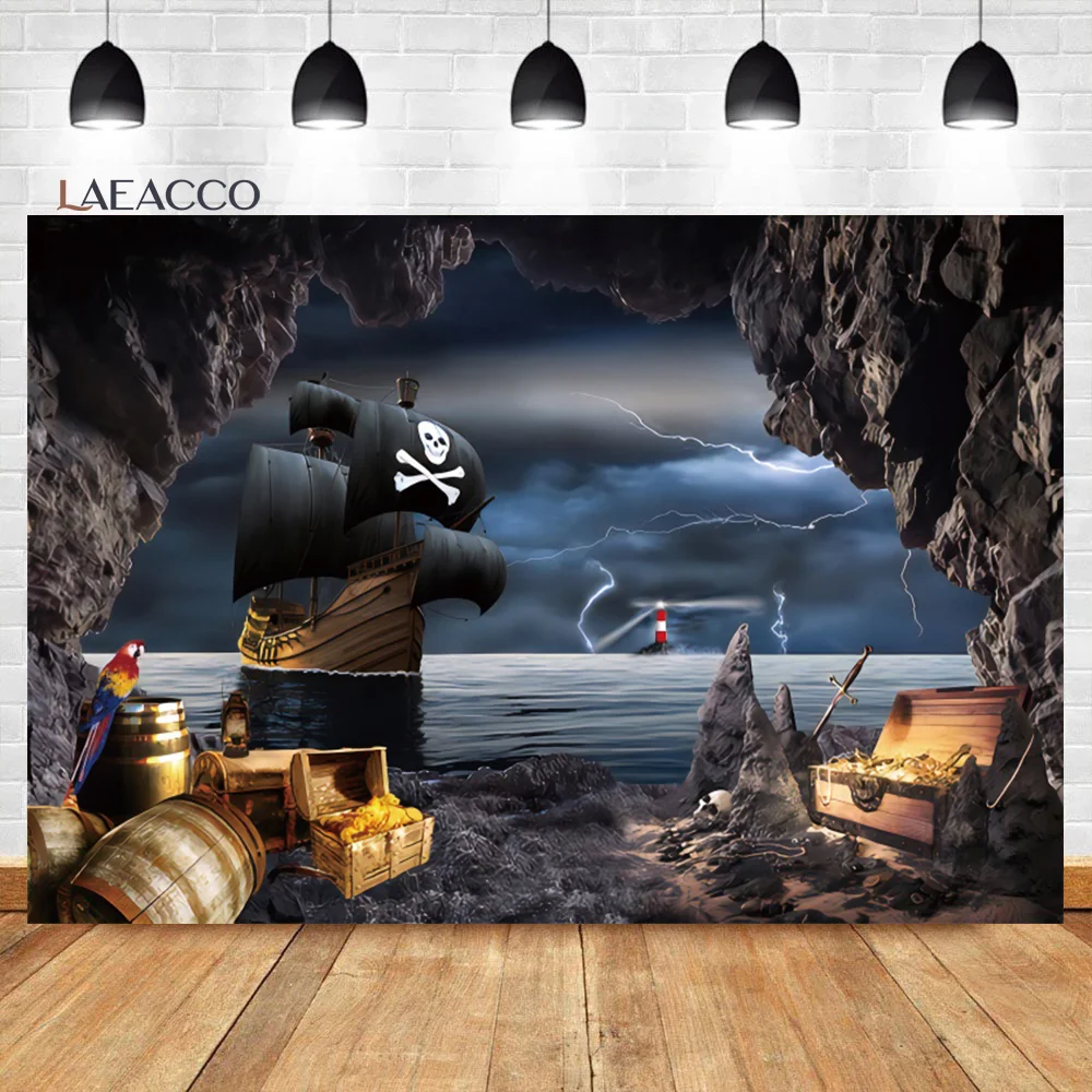 Birthday Photography Backdrops Pirate Ship Treasure Map Fishes Skull Baby Shower Backgrounds Newborn Photozone