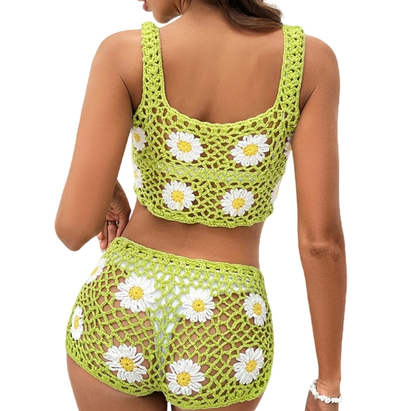 Women Crochet Bathing Suit Set 2 Pieces Swimsuit Fashion Slings Top and Shorts Flower Swimwear Cover Up for Beachwear