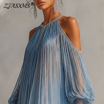 Mini Abito Elegante con Halter Trasparente, Spalle Scoperte, Maniche a Lanterna, in Rete Plissettata con Volant, Vestito Corto Ampio per Resort, Ospiti e Balli di Fine Anno
