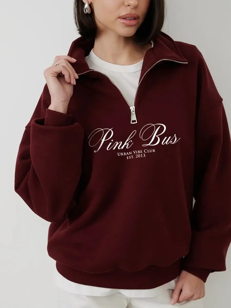 European Stylish Wine Red Sweater Zip Turn-down Collar Sweatshirt Retro Oversize Pullover Autumn Large Size Leisure Women Tops