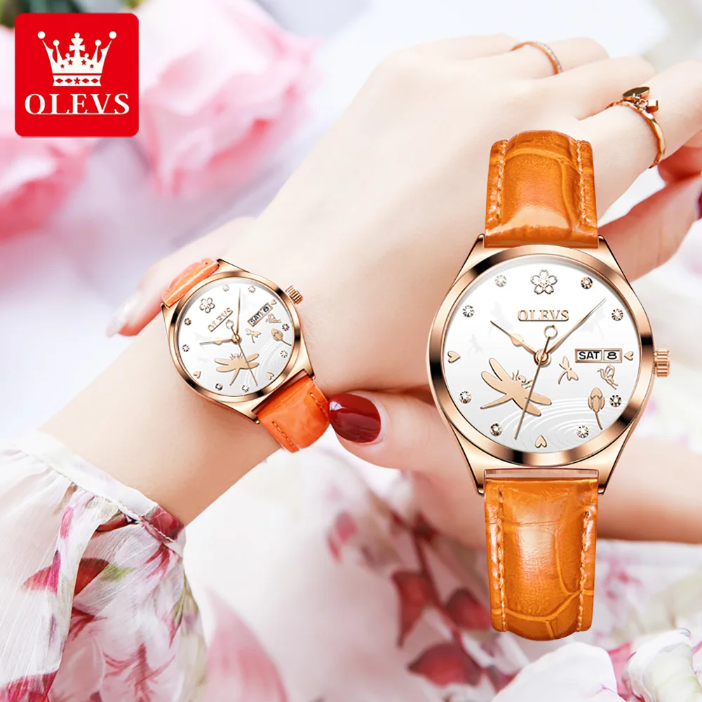 

OLEVS Brand New Luxury Rhinestone Women Mechanical Watch Leather Waterproof Week Date Fashion Womens Watches Relogio Feminino