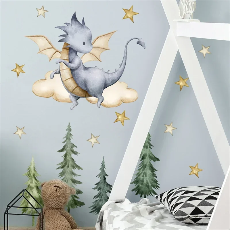 Cute Lovely Flying Dragon Forest Wall Stickers for Kids Rooms Baby Room Children Wall Decoration Trees Stars Decals Nursery wall stickers,luminous wall stickers,vinyl decal stickers,children room decoration