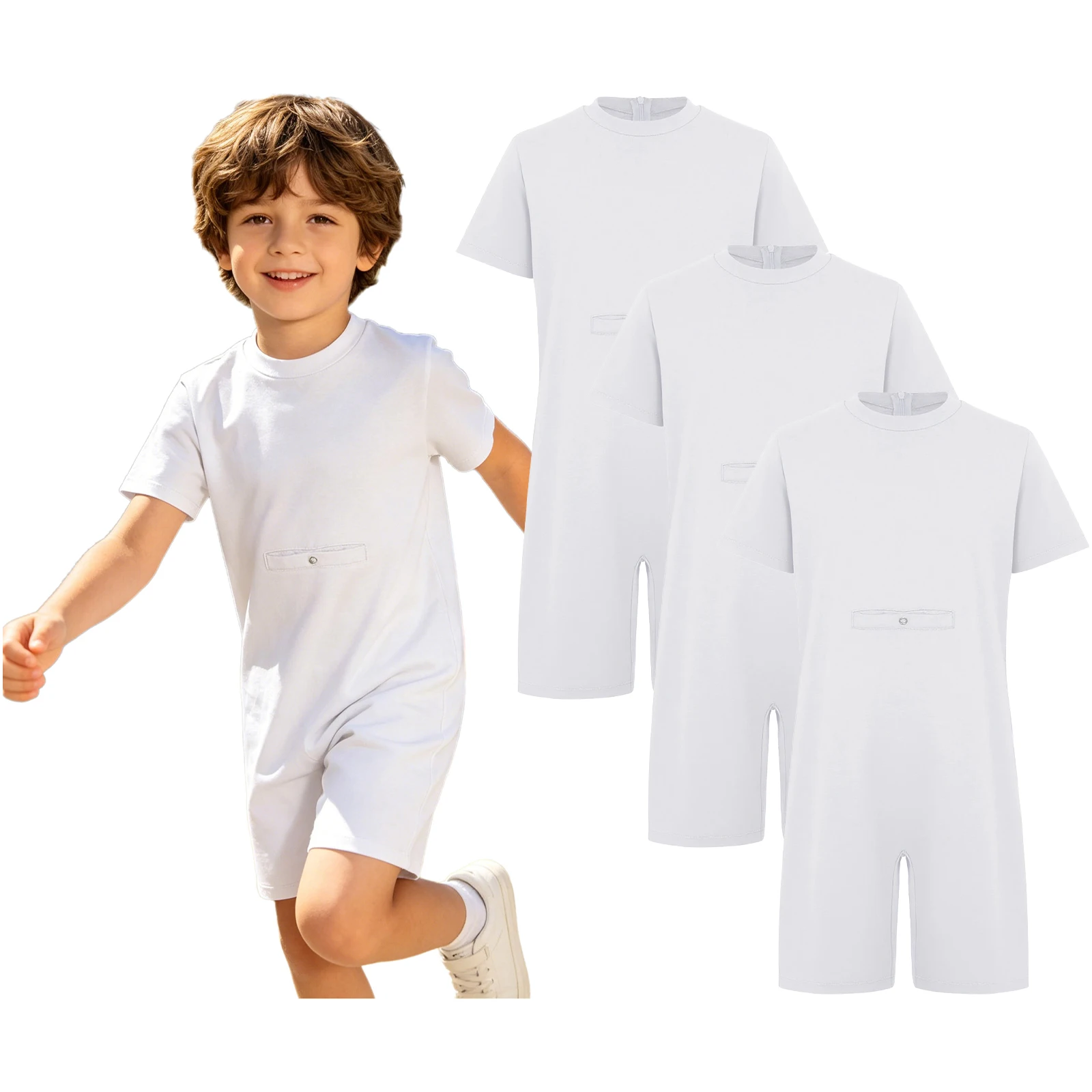 Children 3Pcs Anti-strip Adaptive Bodysuit Special Needs Clothing Short Sleeve Back Zipper Jumpsuit for Autism Sensory kids