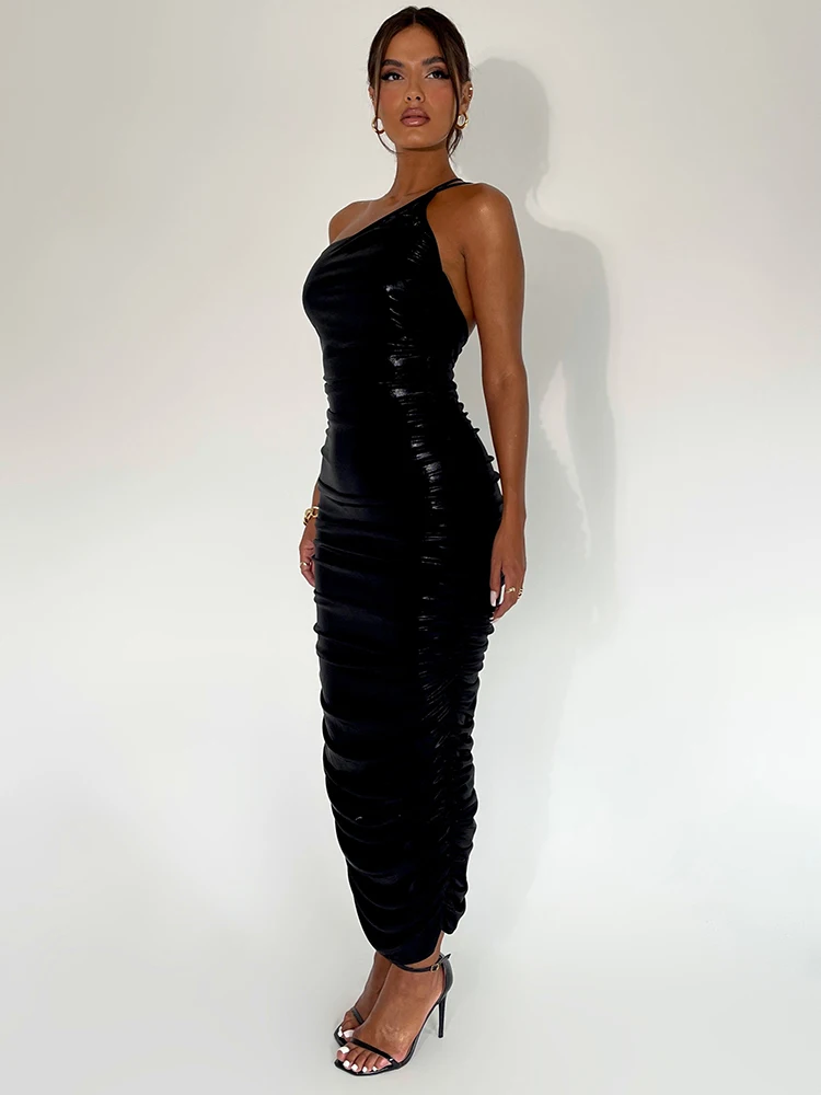 -Women's One Shoulder Sleeveless Backless Dress, Pleated Bodycon, Temperament Dress, Female Party, Club, Evening