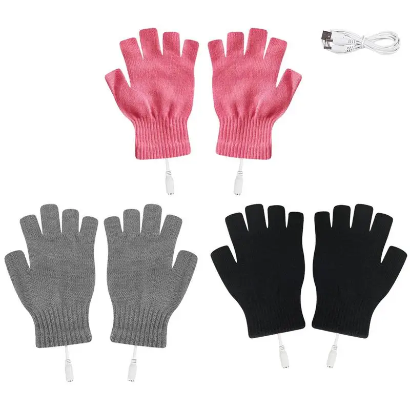 USB Heated Gloves USB Rechargeable Heating Mittens Winter Washable Half Hand Warmers Electric Thermal Gloves For Cold Weather