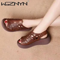 Designer femmes sandales en cuir souple chaussures à semelles compensées pour femmes été rétro sandales de luxe chaussures décontractées femmes talons compensés Sandalias 5
