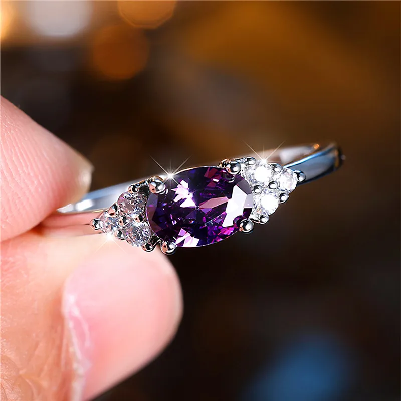 Luxury Female Purple Oval Zircon Stone Engagement Ring Trendy Silver Color Bride Wedding Jewelry Gift For Women