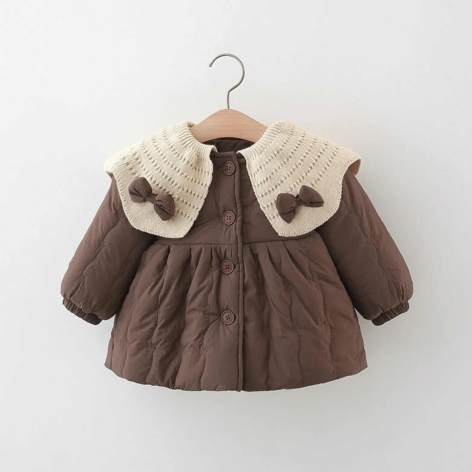 (0-3) Baby Girl Coat Winter Button Double Bow Decoration Big Neck Long Sleeve Cotton Coat Thick Velvet
