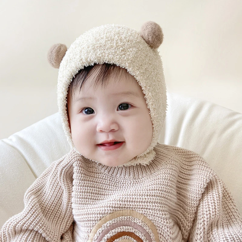 Korean Cute Pompom Baby Hat Winter Warm Baby Boys Girls Hat Bonnet Soft Ear Protection Infant Toddler Plush Cap Beanies 4