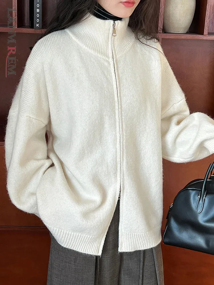 

[LANMREM] Minimalism Knitting Cardigan Sweater For Women Turtleneck Long Sleeve Double Zipper Warm Tops 2023 Winter New 26D7687