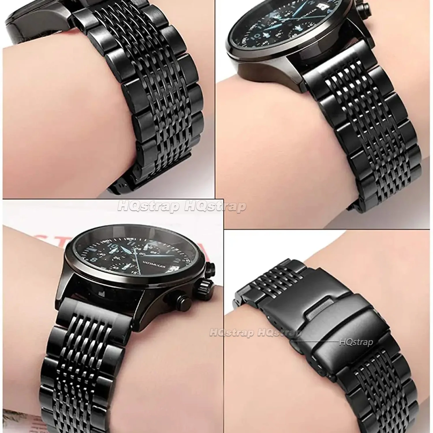Elegant Stainless Steel Mesh Watch Band - Solid Silver & Black Metal Bracelet Strap