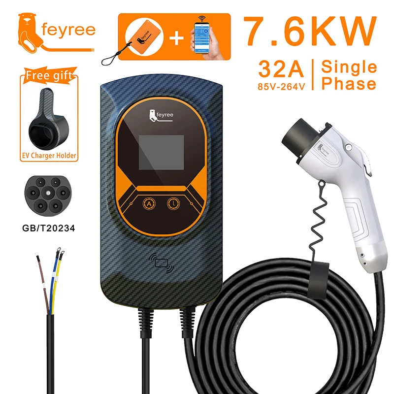 Fey123-Chargeur EV pour Véhicule Électrique, Prise GB/T, EVSE, Wallbox, 32A, 22KW, 3 Phases, 16A, 11KW, Télécommande, Station de Recharge, 7,6 KW, Câble de 5m