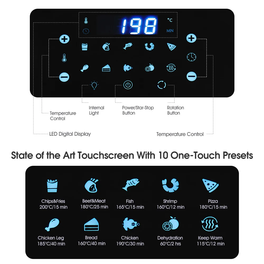 Oil Free Air Fryer Oven 12L 1500W Smart Electric Frying Pan Electric Air Fryer LED Touchscreen Deep Nonstick Basket Fryers