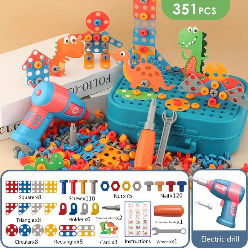 

351pcs Drilling Screw 3D Creative Dinosaur Puzzle Toys For Children Building Bricks Toy DIY Electric Drill Set Educational Toy