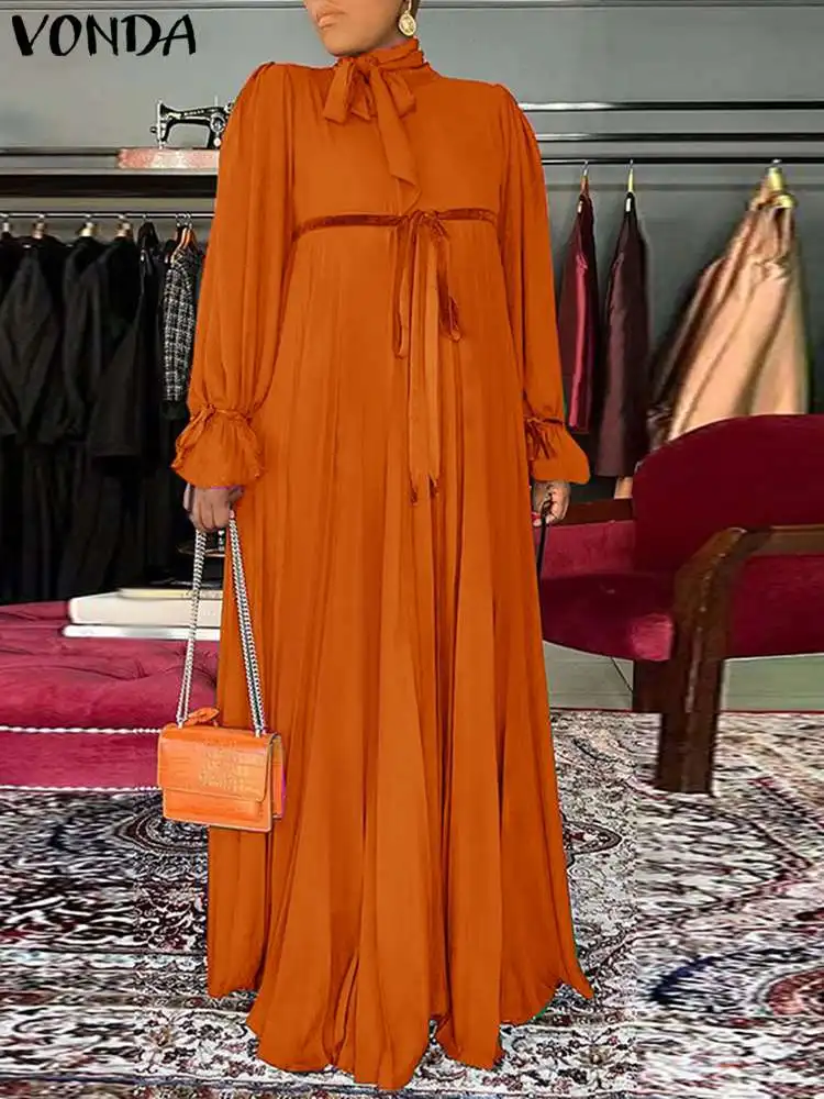 

VONDA женское элегантное платье с длинным рукавом 2023 осенние Макси-Платья повседневные однотонные Макси Сарафан модные женские платья с воротником-стойкой