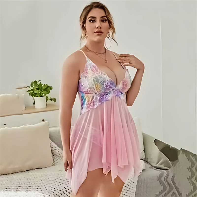 Women Nightdress Plus Size Sexy Deep V Sleepwear Curve Ultra-thin Fashion Loose Irregular Lingerie Set