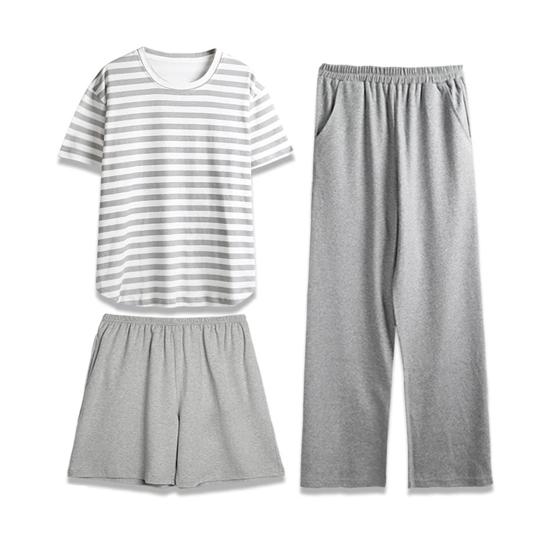 Short Sleep Top & Shorts & Long Pant Cotton Women's Pajamas Set Summer Home Clothes Female Girl Striped Nightwear pijamas femini